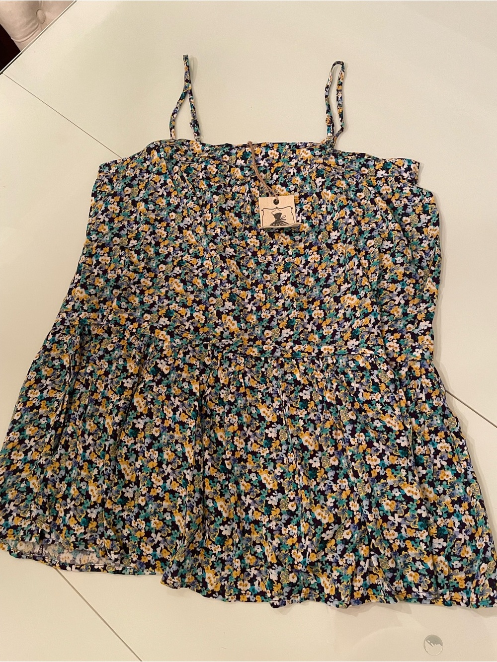 easel Floral Spaghetti-Strap Peplum Tank - Blue, Yellow, White